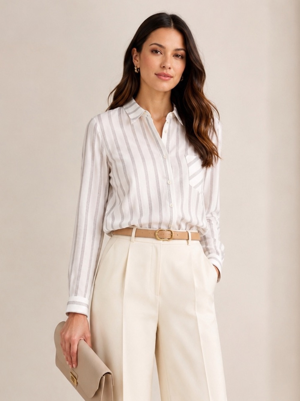 ADRIANNA PAPELL Button Down Linen Long Sleeve In white and grey stripes Top